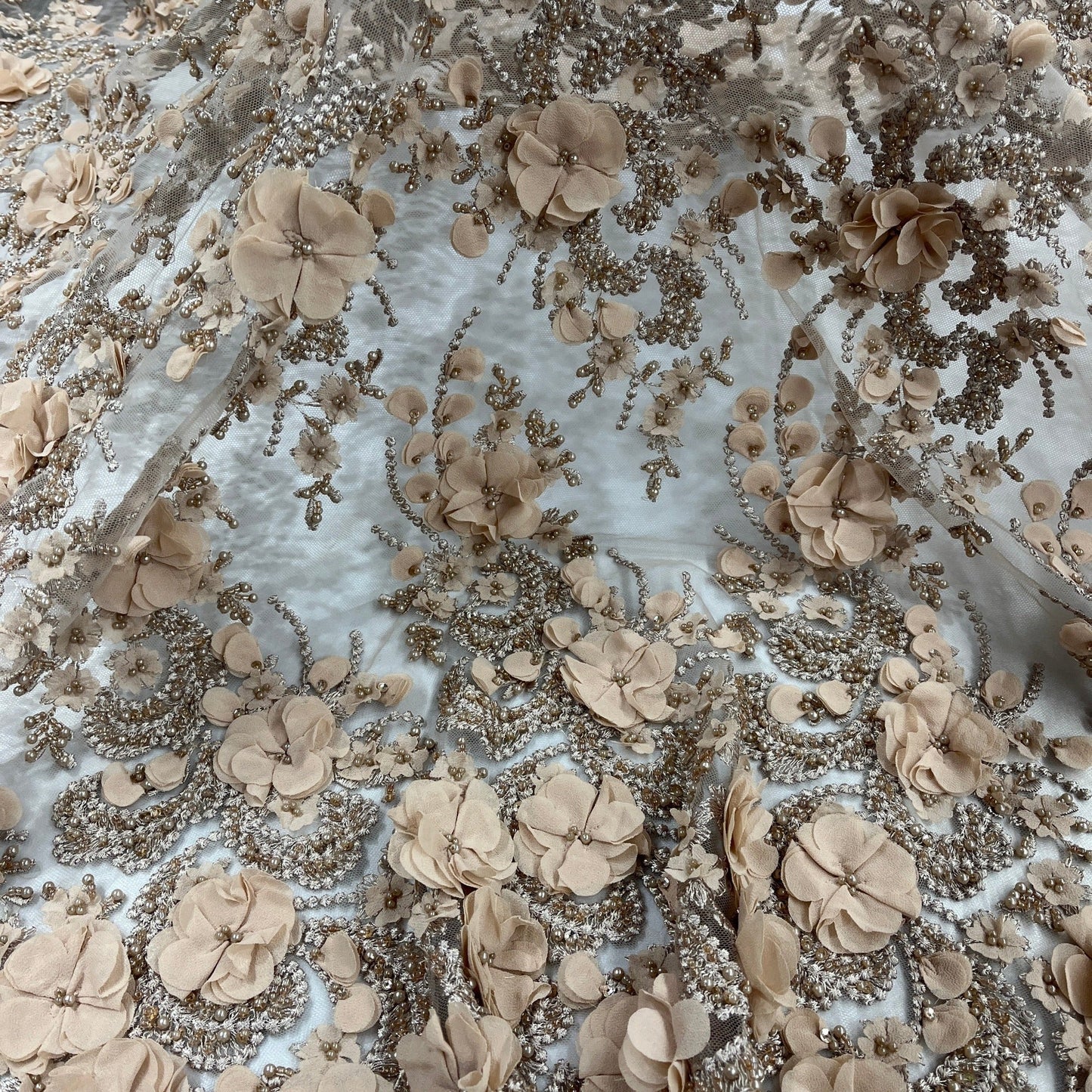 Beaded 3D Floral Lace Fabric Embroidered on 100% Polyester Net Mesh
| Lace USA - GD-362-4
