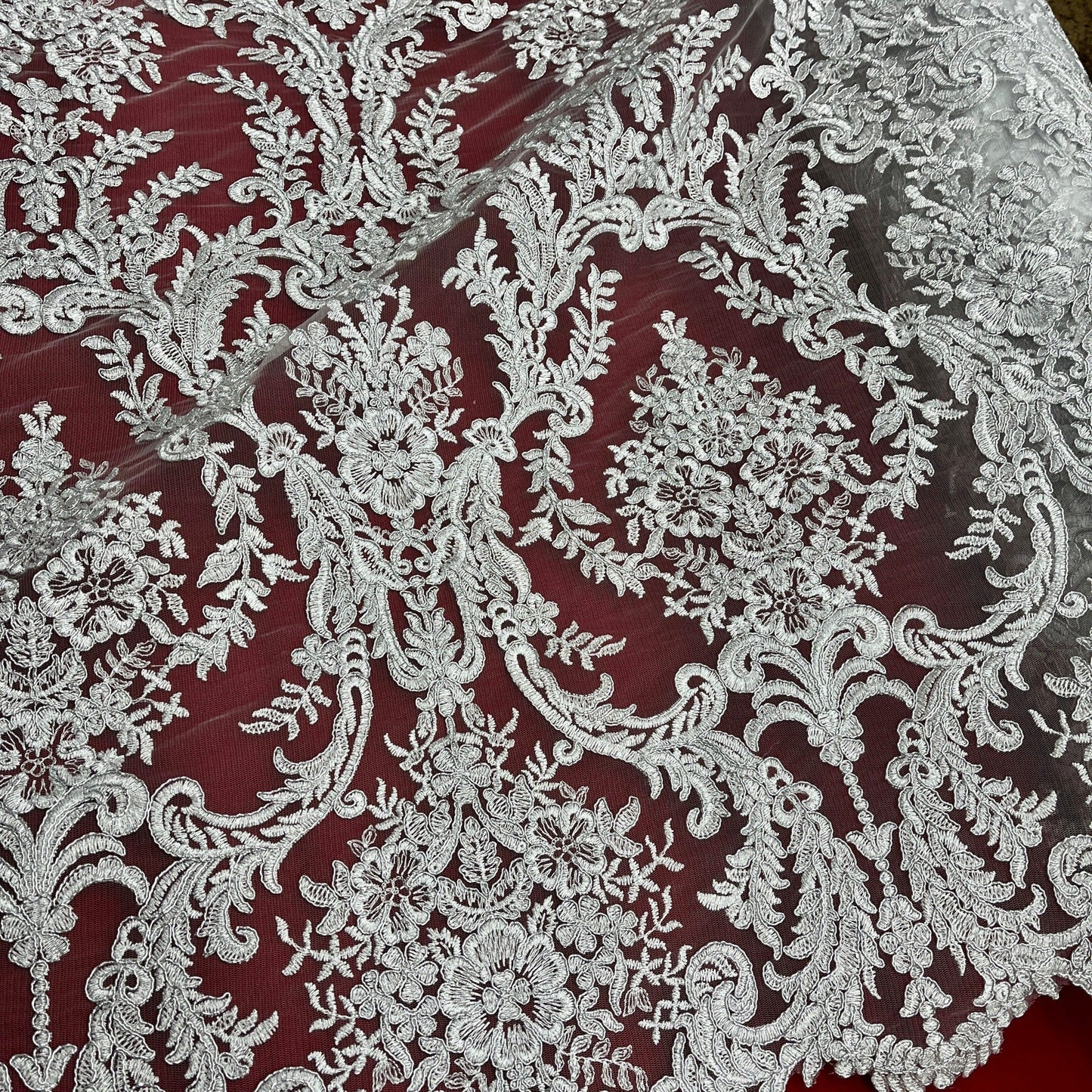Corded Bridal Lace Fabric Embroidered on 100% Polyester Net Mesh | Lace USA - 97136W-4