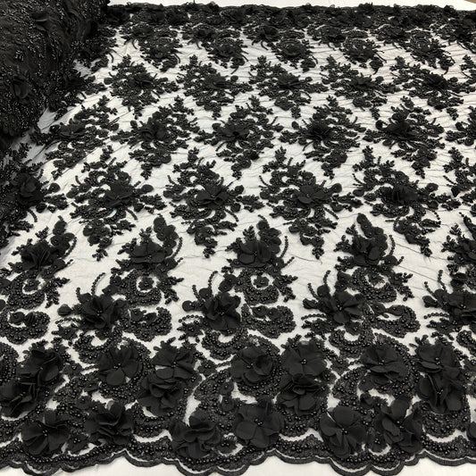 Beaded 3D Floral Lace Fabric Embroidered on 100% Polyester Net Mesh 
| Lace USA - GD-362-0