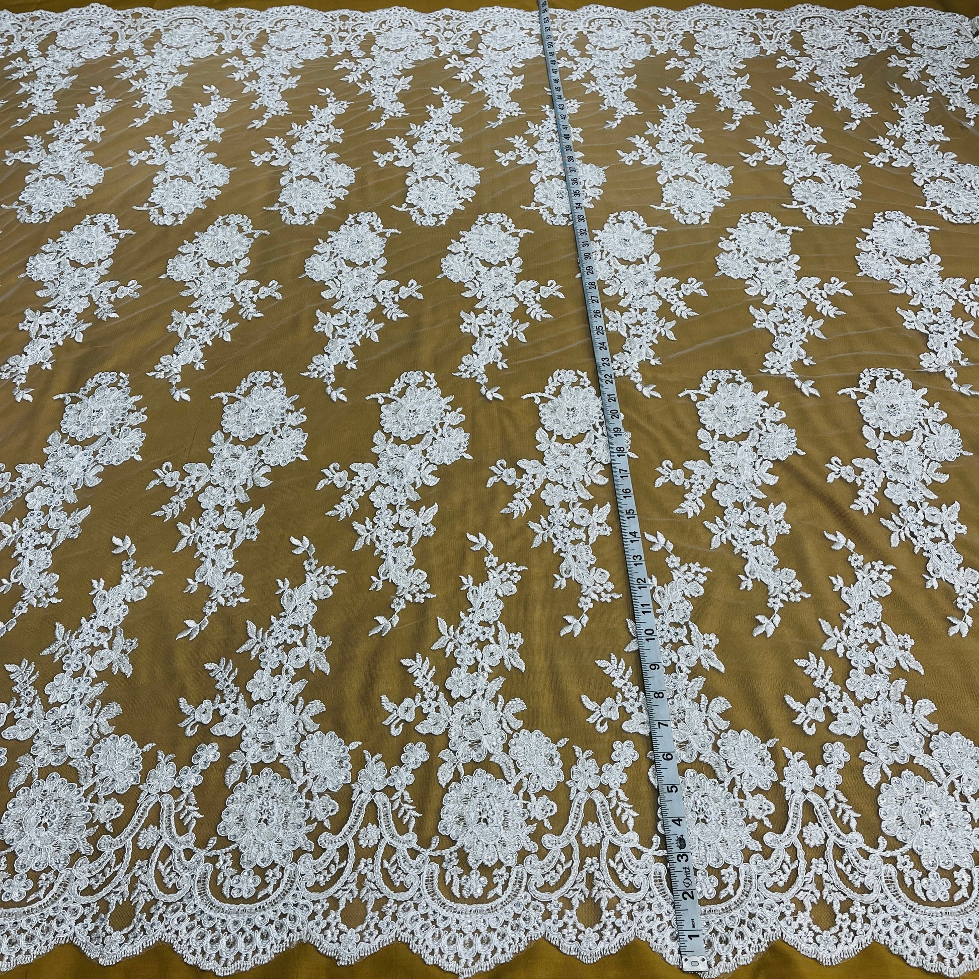 Beaded & Corded Bridal Lace Fabric Embroidered on 100% Polyester Net Mesh | Lace USA - 96989W-HB-3