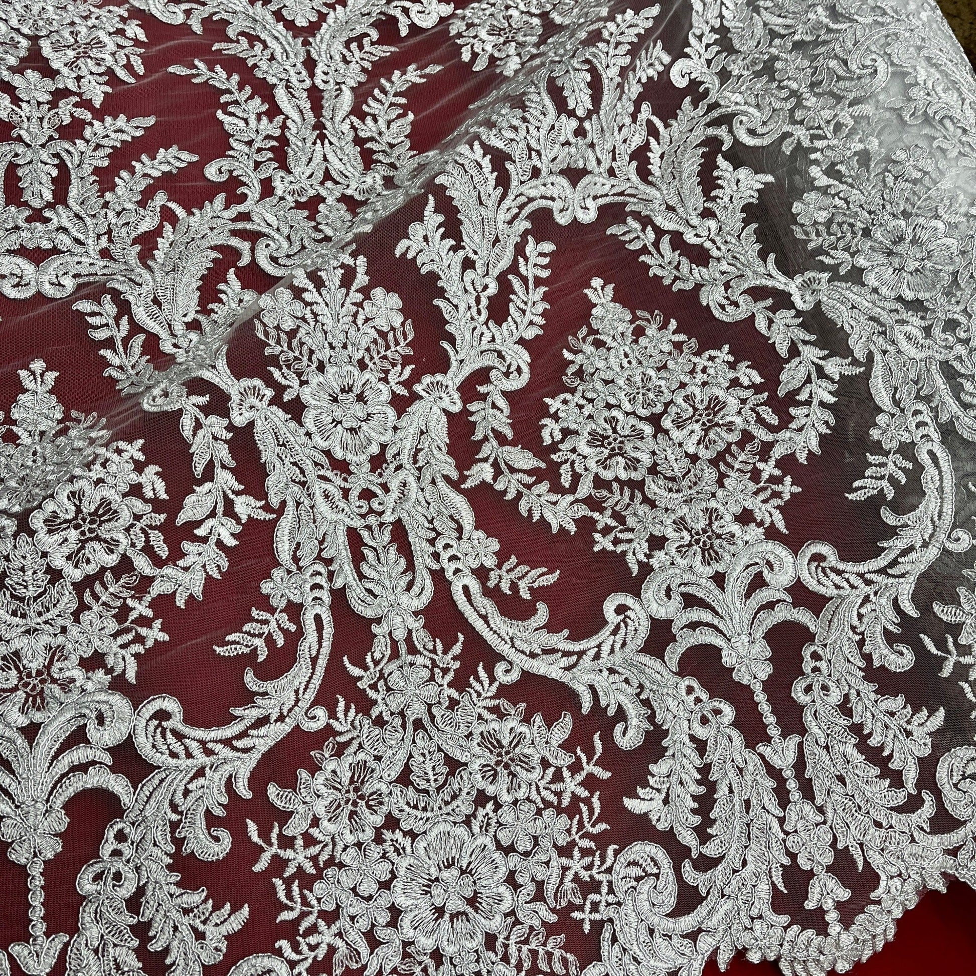 Corded Bridal Lace Fabric Embroidered on 100% Polyester Net Mesh | Lace USA - 97136W-4